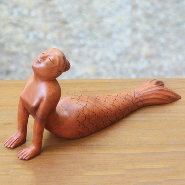 Alternate image for Signed Artisan Carved Mermaid and Yoga Theme Wood Sculpture Bhujangasana Mermaid