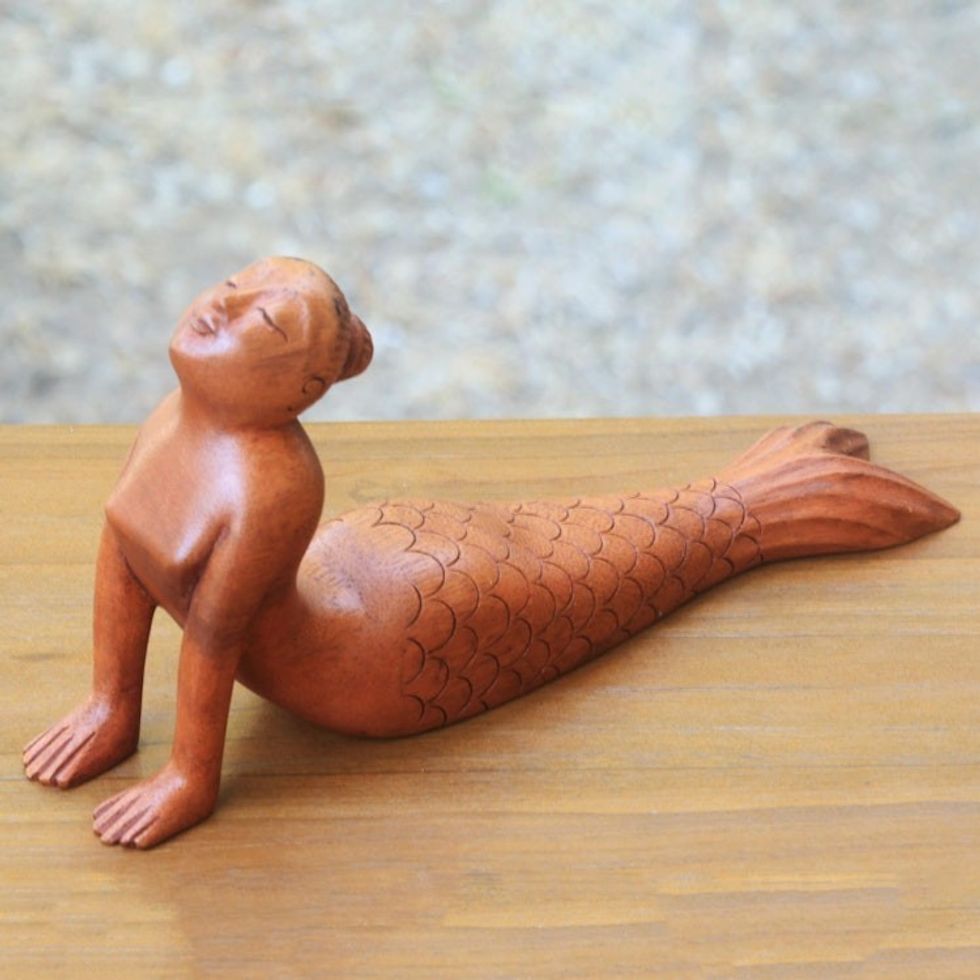 Signed Artisan Carved Mermaid and Yoga Theme Wood Sculpture 'Bhujangasana Mermaid'