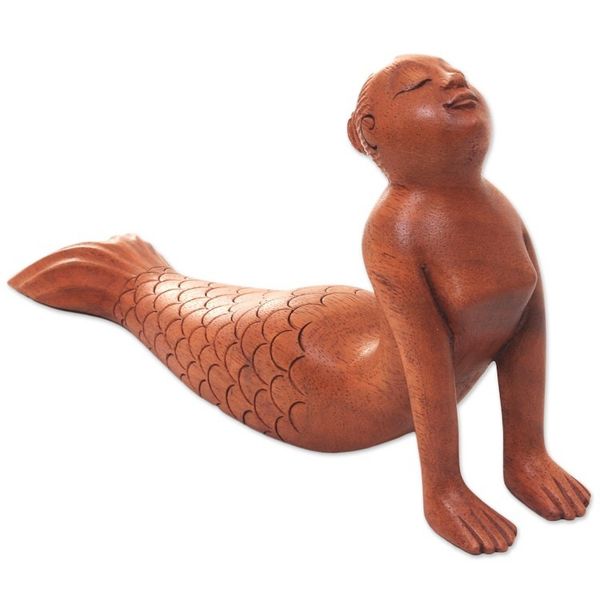 Alternate image for Signed Artisan Carved Mermaid and Yoga Theme Wood Sculpture Bhujangasana Mermaid