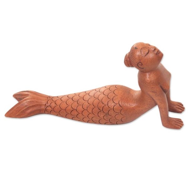 Alternate image for Signed Artisan Carved Mermaid and Yoga Theme Wood Sculpture Bhujangasana Mermaid