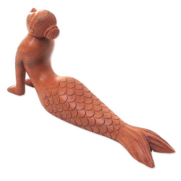 Alternate image for Signed Artisan Carved Mermaid and Yoga Theme Wood Sculpture Bhujangasana Mermaid