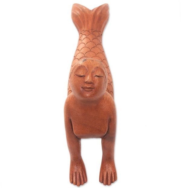Alternate image for Signed Artisan Carved Mermaid and Yoga Theme Wood Sculpture Bhujangasana Mermaid