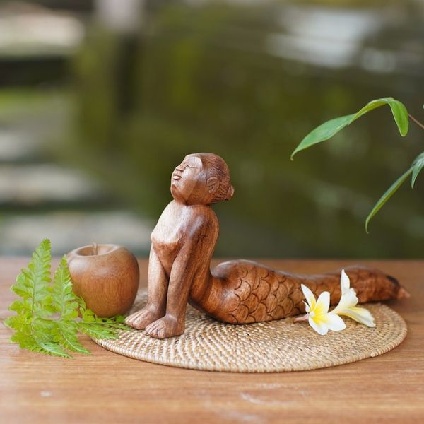 Alternate image for Signed Artisan Carved Mermaid and Yoga Theme Wood Sculpture Bhujangasana Mermaid