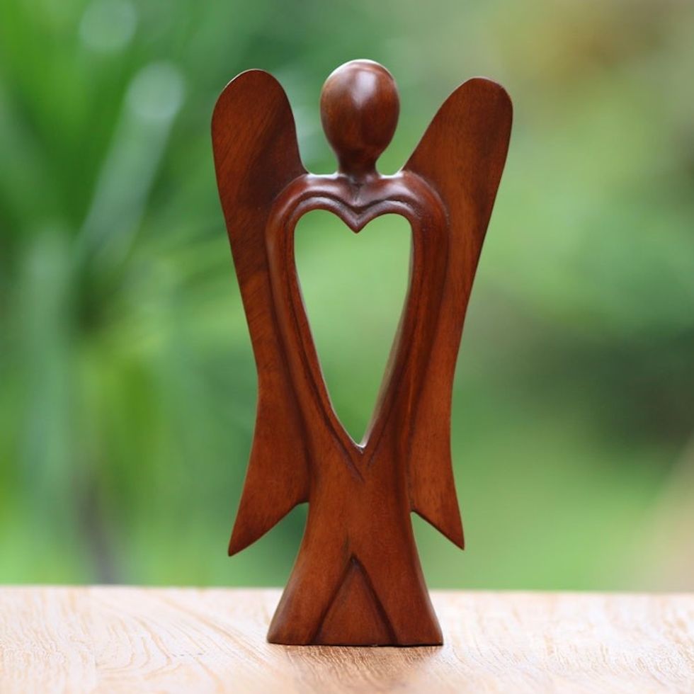 Hand Carved Wood Figurine of an Angel with Heart Feature 'Heart of an Angel'