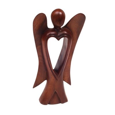 Alternate image for Hand Carved Wood Figurine of an Angel with Heart Feature Heart of an Angel
