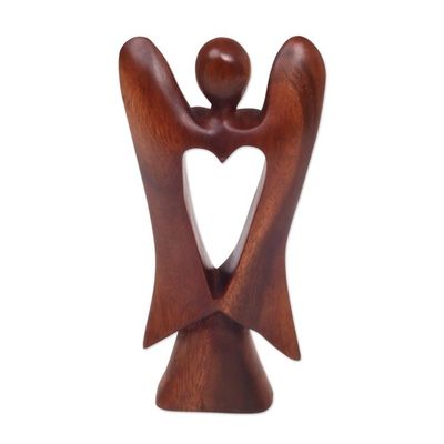 Alternate image for Hand Carved Wood Figurine of an Angel with Heart Feature Heart of an Angel