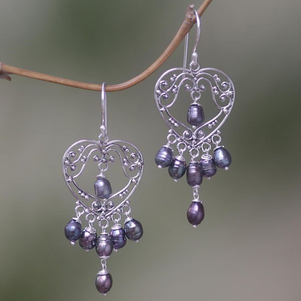 Alternate image for Sterling Silver Pearl Heart Shaped Earrings Heart Symphony in Black