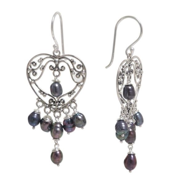 Alternate image for Sterling Silver Pearl Heart Shaped Earrings Heart Symphony in Black