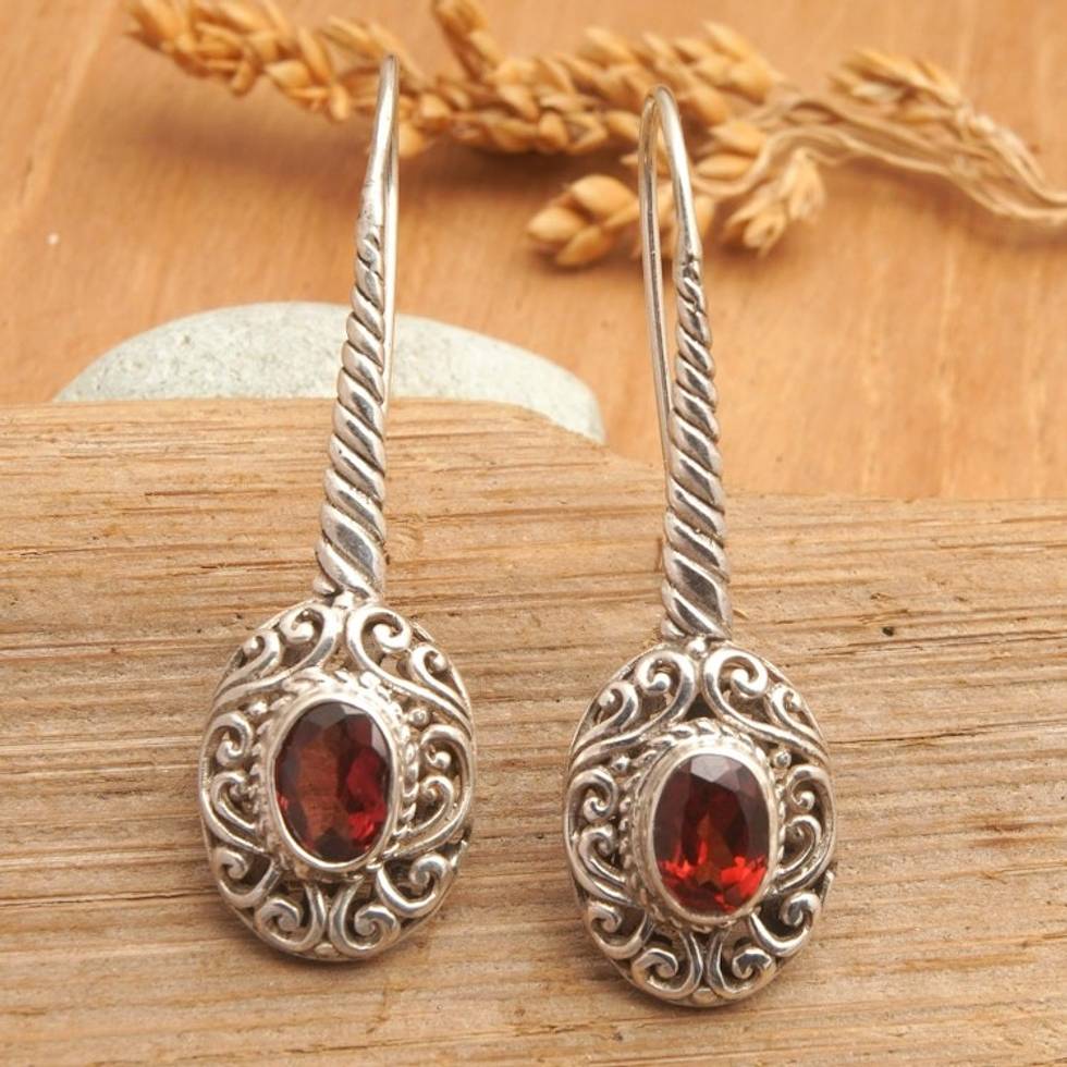 Sterling Silver Drop Earrings with Faceted Garnet Gems 'Lover's Charm'