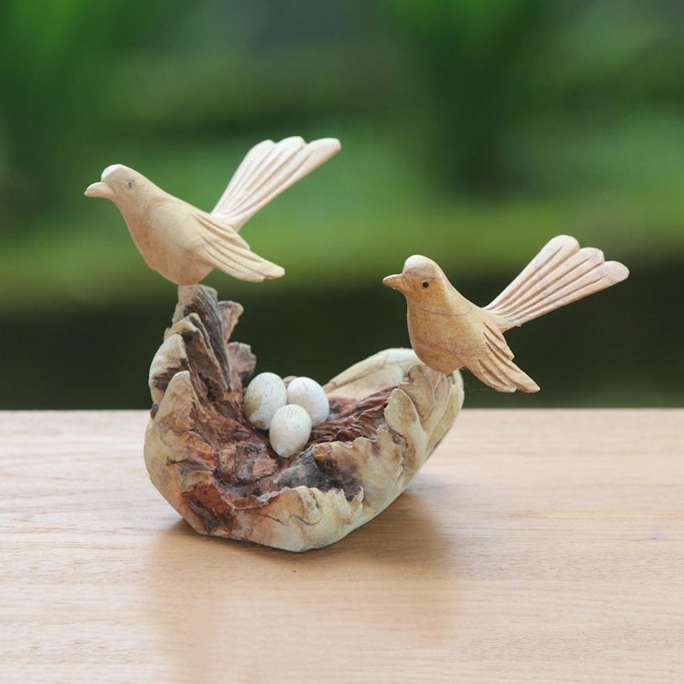 Hand-Carved Jempinis Wood Canary Love Nest Sculpture 'Canary Love'