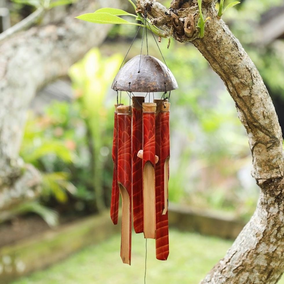 Handcrafted Red Bamboo and Coconut Shell Wind Chime 'Red Rhythm'