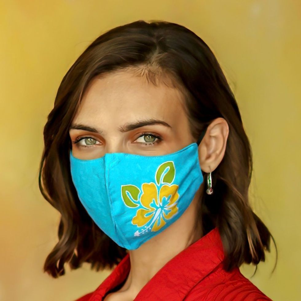 4 Hand-Painted Rayon Batik Contoured Face Masks 'Vibrant Balinese Hibiscus'