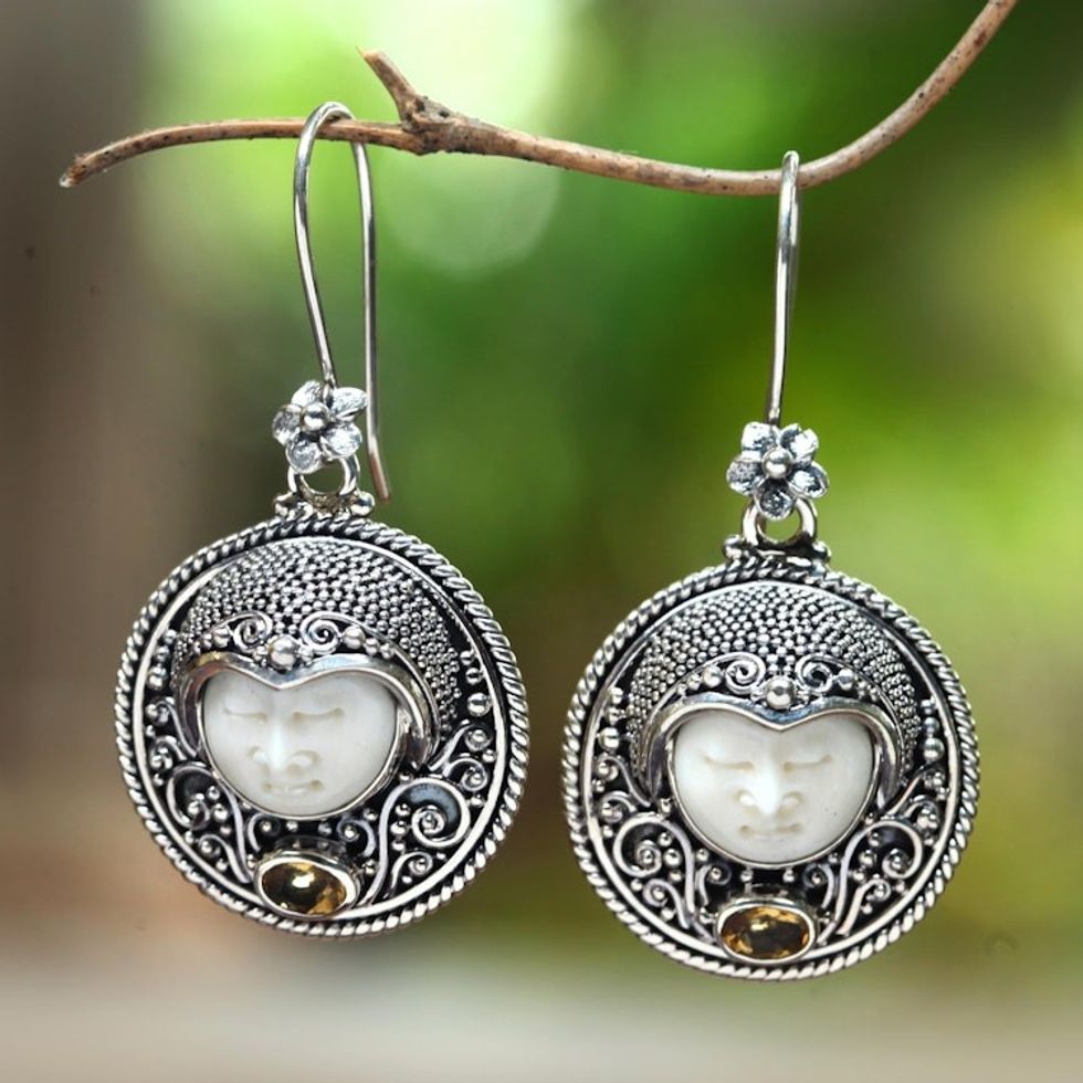 Citrine and Bone Dangle Earrings Crafted in Bali 'Sukawati Guardian'