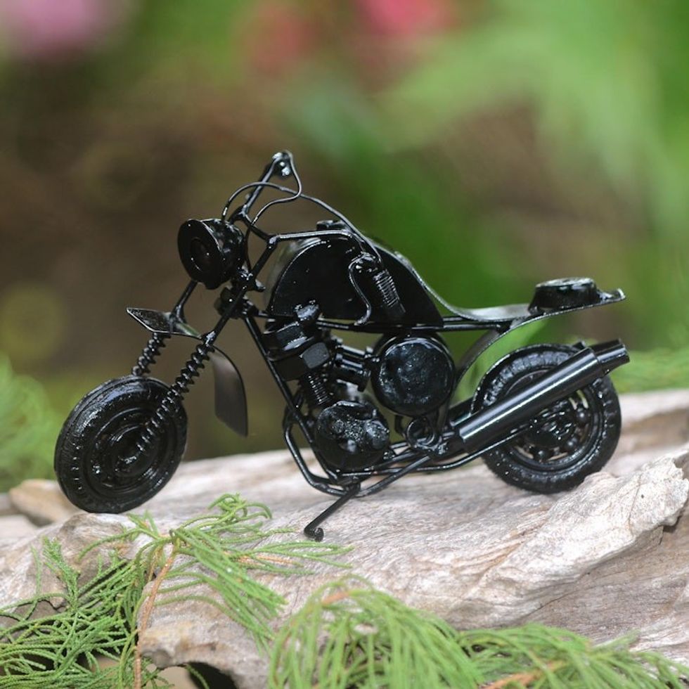 Recycled Metal Black Motorbike Sculpture 'Moto Racer in Black'