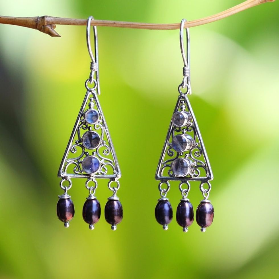 Sterling Silver Pearl and Rainbow MoonstoneEarrings 'Mountain Top'