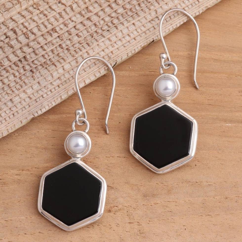 Onyx and Cultured Pearl Hexagonal Dangle Earrings from Bali 'Light and Dark Hexagons'