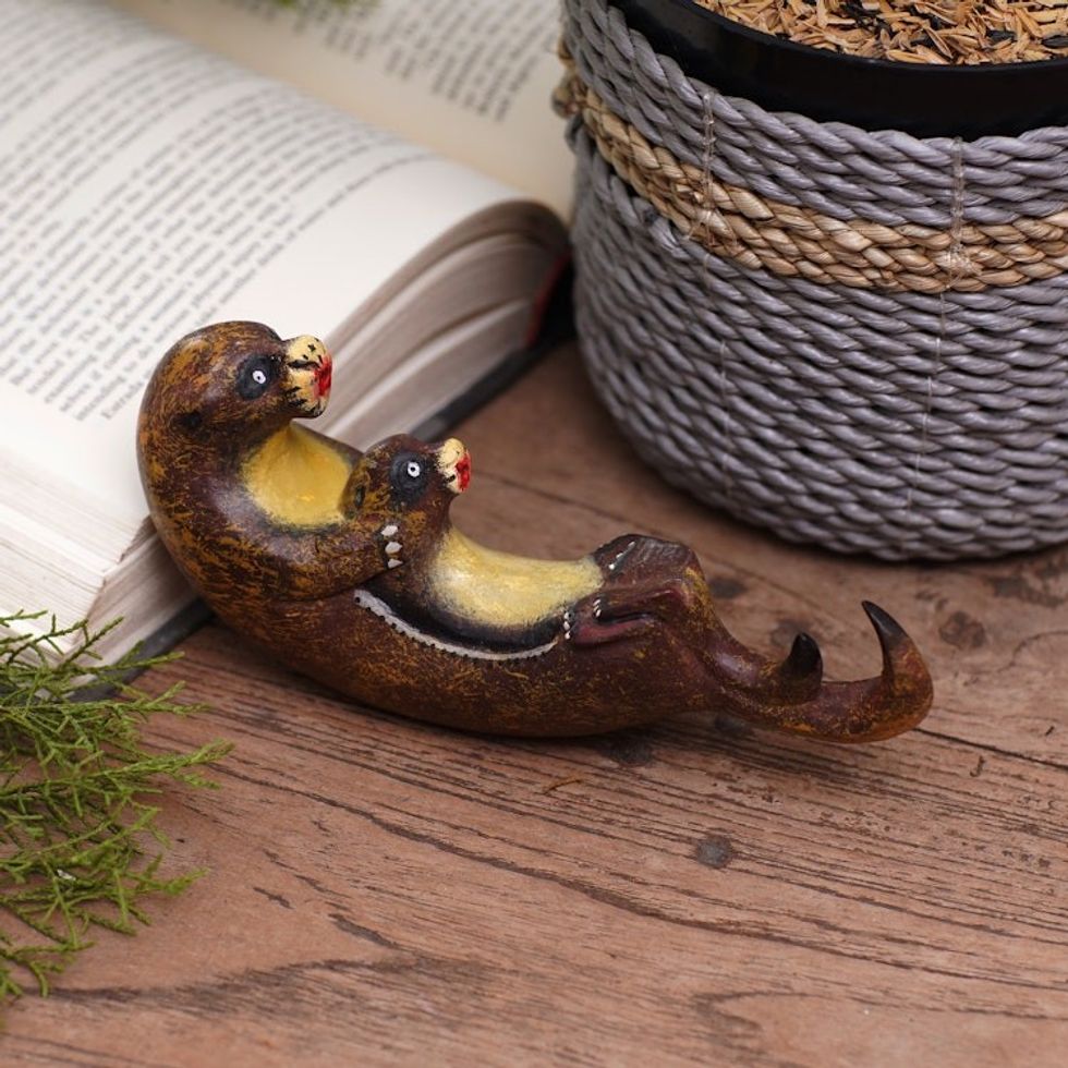 Hand-Carved Jempinis Wood Otter Statuette Painted in Bali 'Otter Swing'