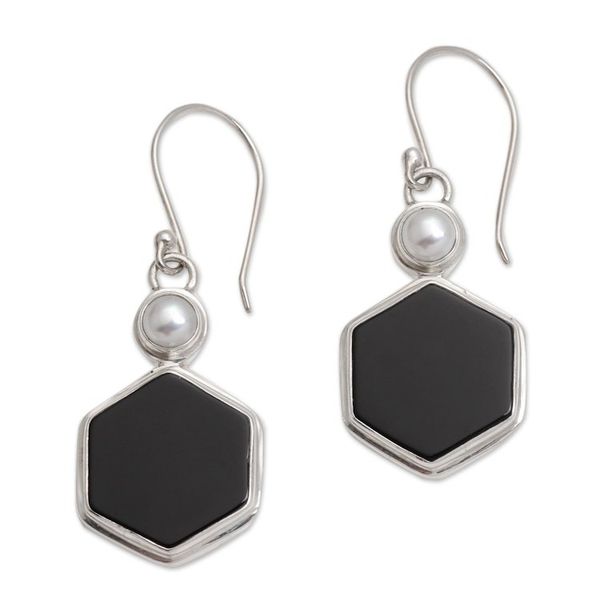 Alternate image for Onyx and Cultured Pearl Hexagonal Dangle Earrings from Bali Light and Dark Hexagons
