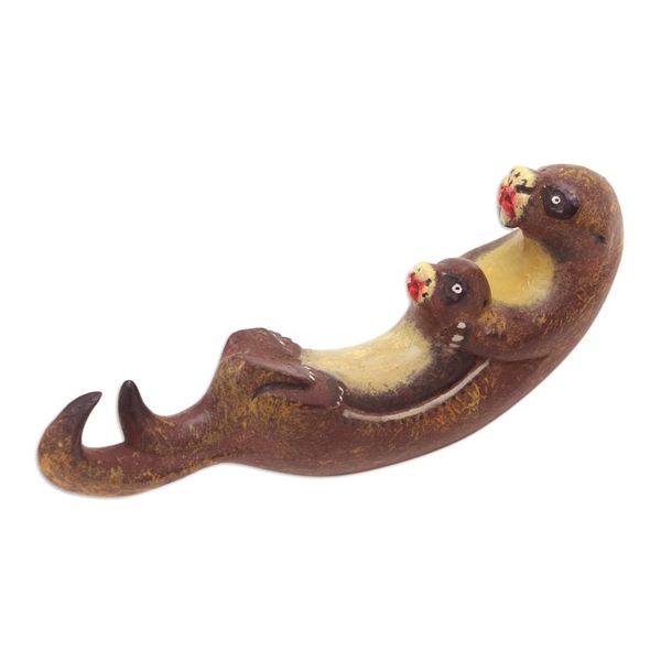 Alternate image for Hand-Carved Jempinis Wood Otter Statuette Painted in Bali Otter Swing