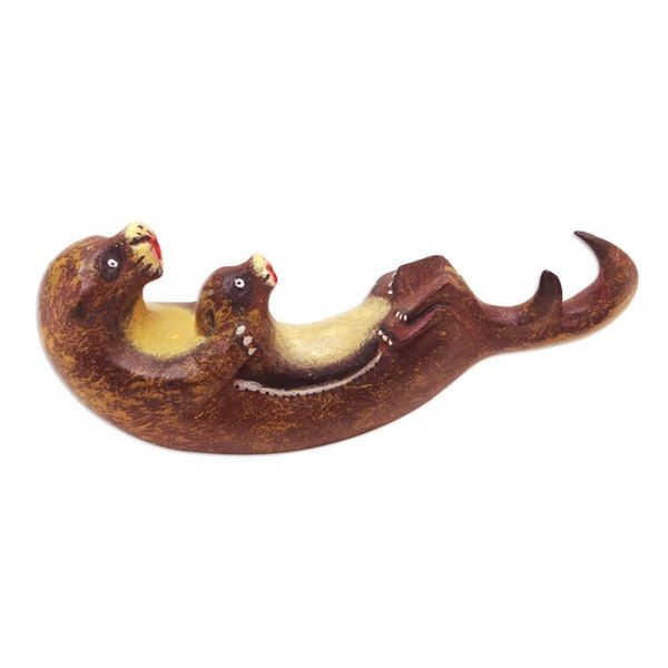 Alternate image for Hand-Carved Jempinis Wood Otter Statuette Painted in Bali Otter Swing