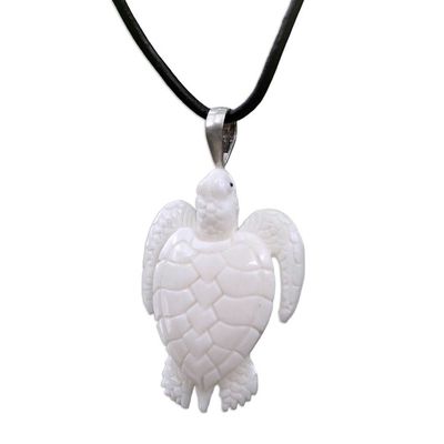 Alternate image for Hand Crafted White Turtle Pendant on Leather Cord Necklace White Turtle