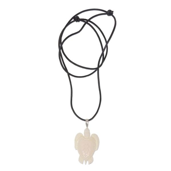 Alternate image for Hand Crafted White Turtle Pendant on Leather Cord Necklace White Turtle