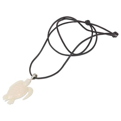 Alternate image for Hand Crafted White Turtle Pendant on Leather Cord Necklace White Turtle
