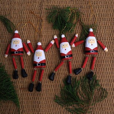 Alternate image for Dangling Wood Santa Ornaments from Bali Set of 4 Dancing Santas