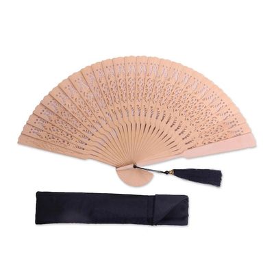 Alternate image for Hand Made Wood Fan in Natural with Pouch from Indonesia Serenity Bloom in Natural