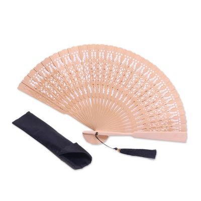 Alternate image for Hand Made Wood Fan in Natural with Pouch from Indonesia Serenity Bloom in Natural