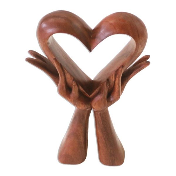 Alternate image for Signed Wood Sculpture of Heart in Hands Giving Love