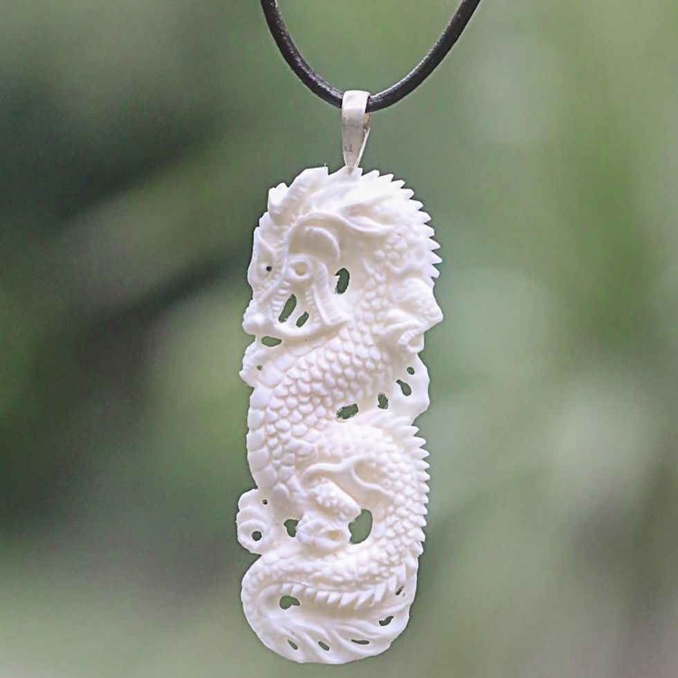 Hand Carved White Dragon Pendant  Leather Cord Necklace 'White Dragon Guardian'