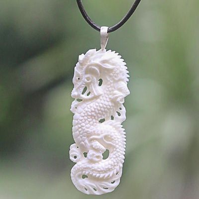 Alternate image for Hand Carved White Dragon Pendant Leather Cord Necklace White Dragon Guardian