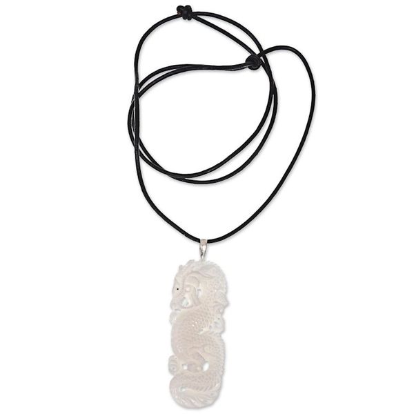 Alternate image for Hand Carved White Dragon Pendant  Leather Cord Necklace White Dragon Guardian