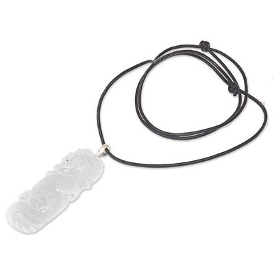 Alternate image for Hand Carved White Dragon Pendant Leather Cord Necklace White Dragon Guardian