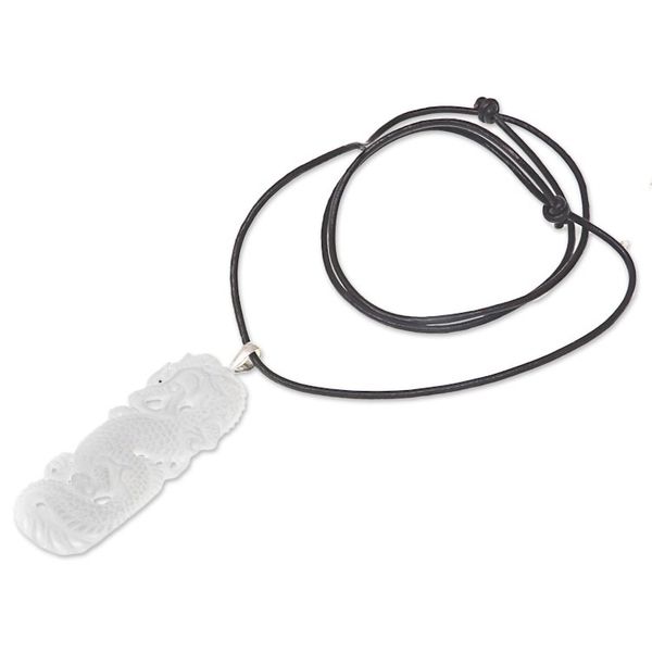 Alternate image for Hand Carved White Dragon Pendant  Leather Cord Necklace White Dragon Guardian
