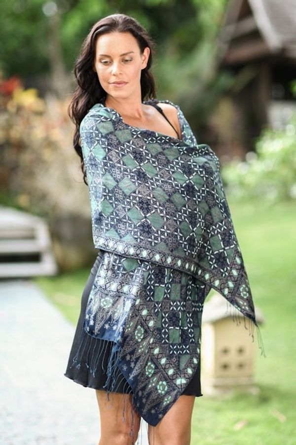Alternate image for Fair Trade Batik Silk Patterned Blue Shawl Java Starlight