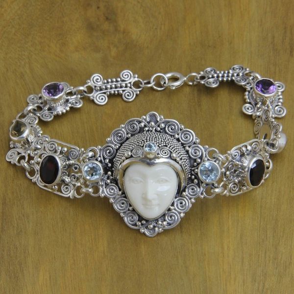 Alternate image for Multi-gemstone and Carved Bone Link Bracelet from Bali Noble Lady