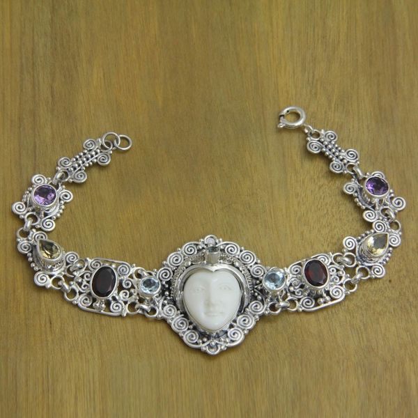 Alternate image for Multi-gemstone and Carved Bone Link Bracelet from Bali Noble Lady