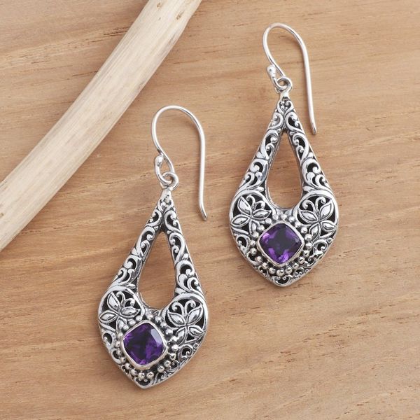 Alternate image for Butterfly Motif Amethyst Dangle Earrings Kawung Butterfly