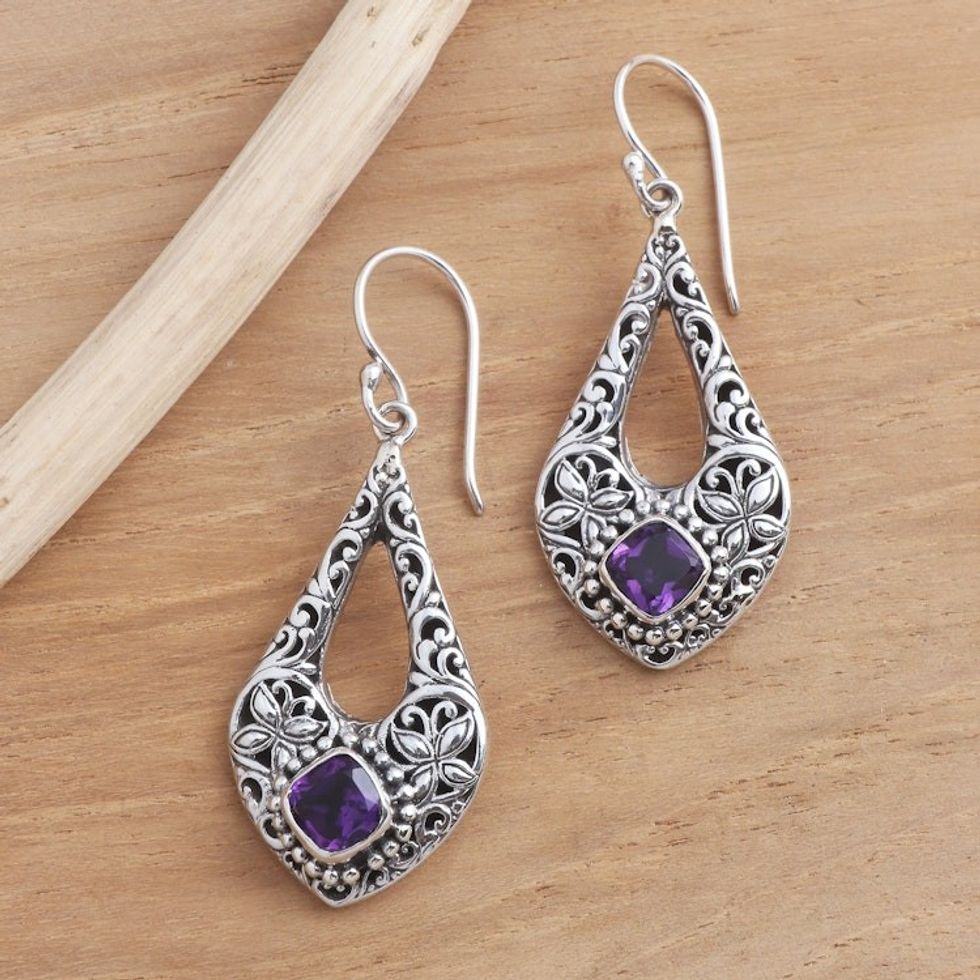 Butterfly Motif Amethyst Dangle Earrings 'Kawung Butterfly'