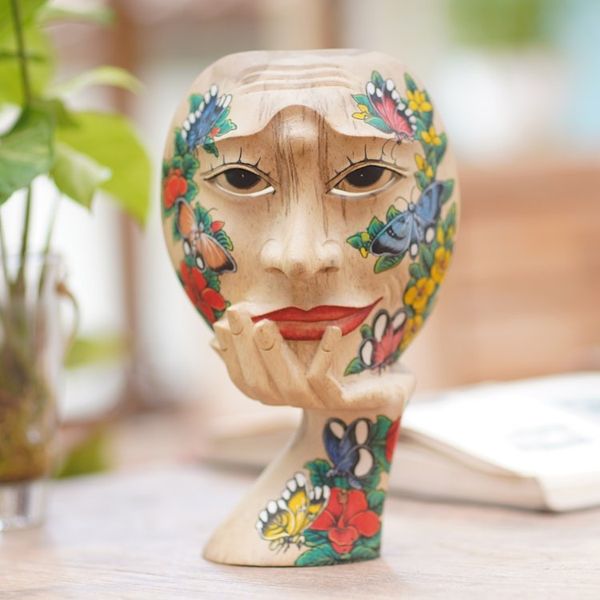 Alternate image for Hand Carved Hibiscus Wood Floral and Butterfly Mask Butterfly Smile