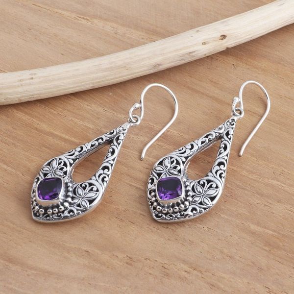 Alternate image for Butterfly Motif Amethyst Dangle Earrings Kawung Butterfly