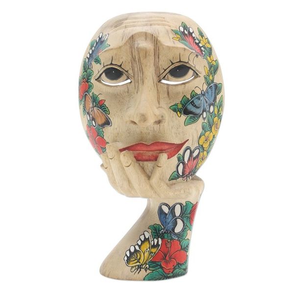 Alternate image for Hand Carved Hibiscus Wood Floral and Butterfly Mask Butterfly Smile