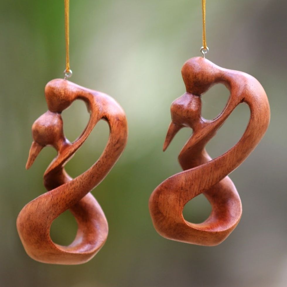 Set of 2 Artisan Crafted Romantic Wood Ornaments 'Sealed with a Kiss'