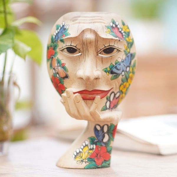 Alternate image for Hand Carved Hibiscus Wood Floral and Butterfly Mask Butterfly Smile