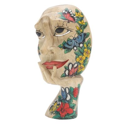 Alternate image for Hand Carved Hibiscus Wood Floral and Butterfly Mask Butterfly Smile