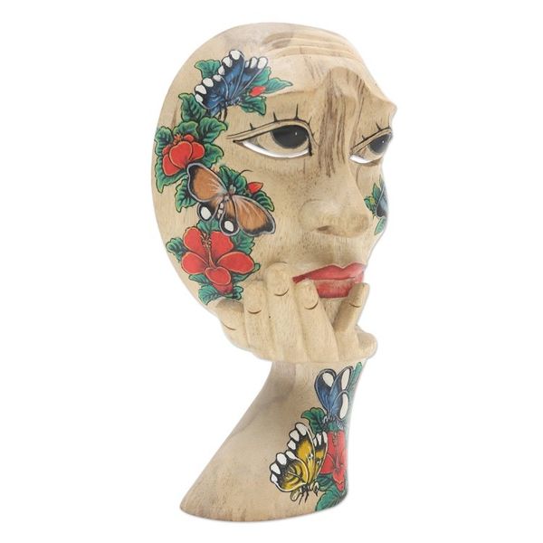 Alternate image for Hand Carved Hibiscus Wood Floral and Butterfly Mask Butterfly Smile