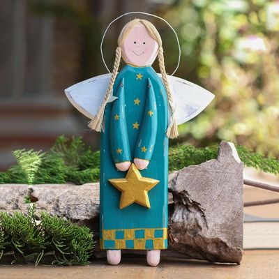 Alternate image for Green and Gold Wooden Angel Ornament Folk Art Angel in Green