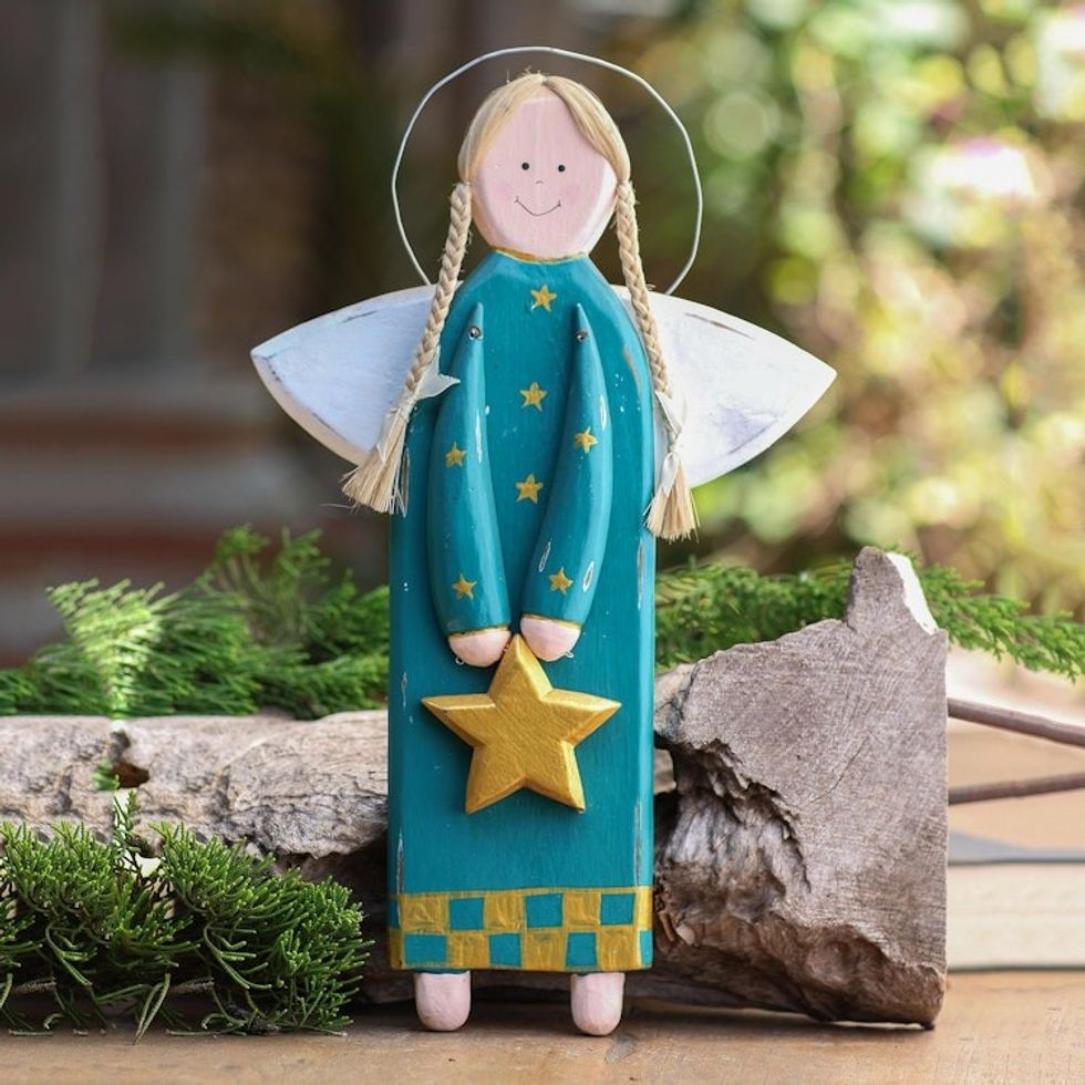 Green and Gold Wooden Angel Ornament 'Folk Art Angel in Green'
